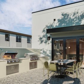 Grilling station and lush landscaping at Sonoran Row in Phoenix, AZ