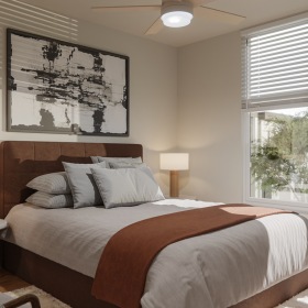 Bedroom with natural lighting and high ceilings at Sonoran Row in Phoenix, AZ