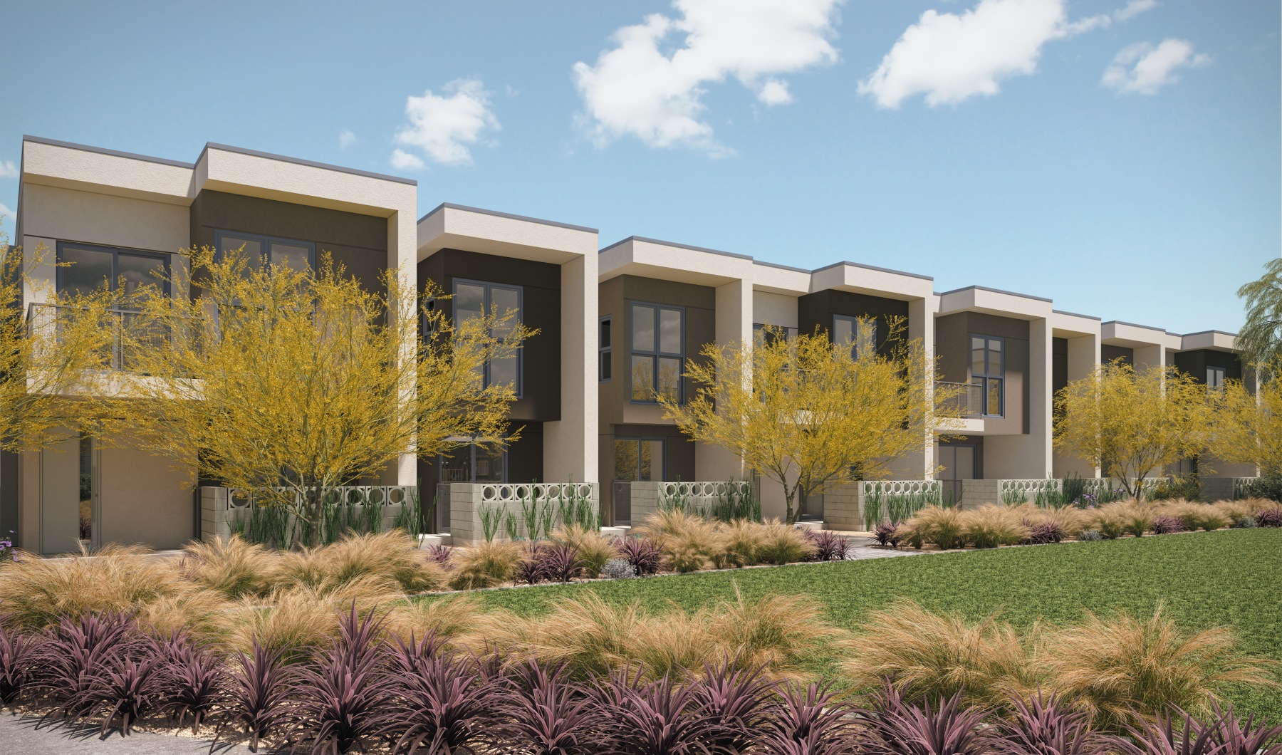 Architectural rendering of Sonoran Row townhomes in Phoenix, featuring bold modern design, private patios, and desert landscaping